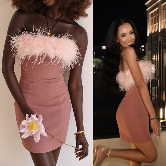 House of CB Alexa Mini Dress Warm Pink Feather Strapless Size S - Picture 14 of 14